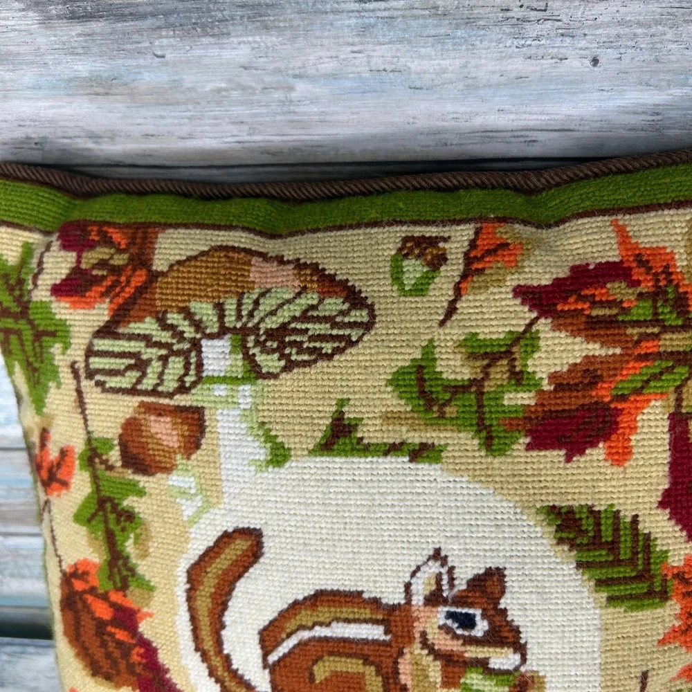 Vintage Needlepoint Pillow Chipmunk Fall Mushroom Leaves Handmade Retro 70s 80s‎